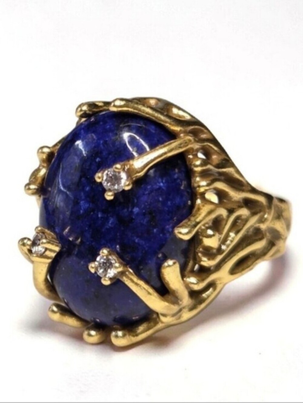 18k Gold Plated Unique Branch Caged Crystal Lapis Lazuli Gemstone Ring